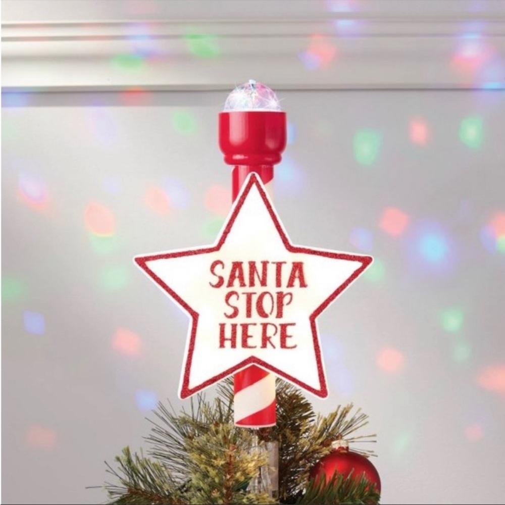 NWT LED light Santa stops here Christmas tree topper multicolored lights ceiling